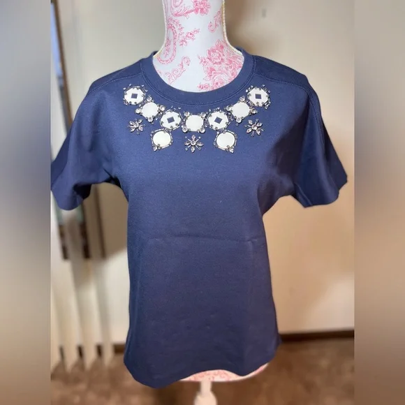 JCrew short sleeve navy blouse top silver jewels and white beads size XS - Picture 2 of 6